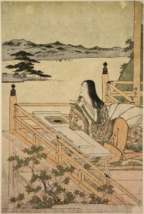 Print of Murasaki Shikibu writing The Tale of Genji Classical Pursuits