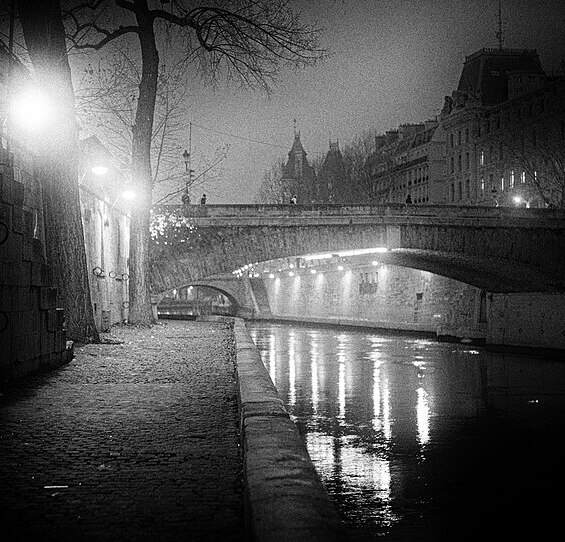 Film noir style image of a bridge over the Seine at night