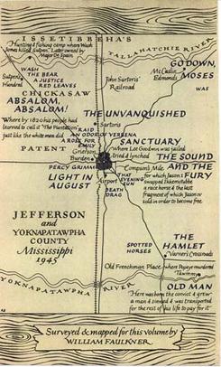 A drawing of William Faulkner's fictional Yoknapatawpha County