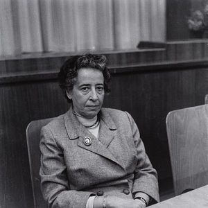 A black-and-white photo of Hannah Arendt